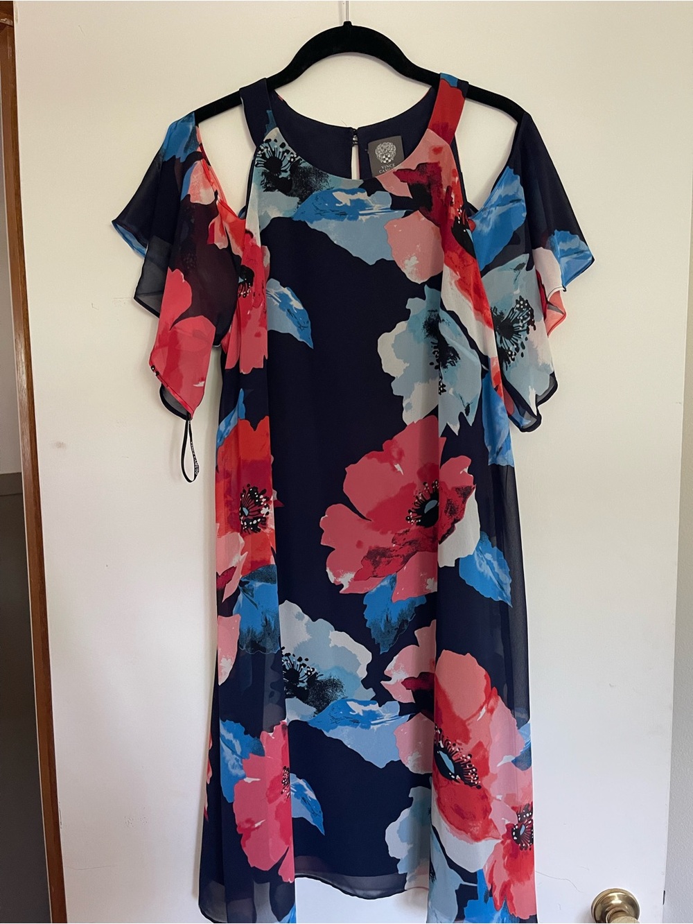 Vince Camuto Navy Floral Cold-Shoulder Dress with Coral and Light Blue Blooms